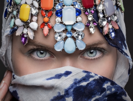 Beauty - woman, beauty, girl, eyes, colorful, jewel, scarf, model, face, blue