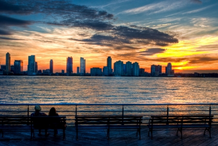 Hudson River Sunset - clouds, water, hudson river park, benches, skyscrapers, colors, new york, sky