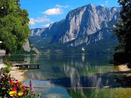 Altausseer lake - summer, rocks, cliffs, landscape, beautiful, rest, hills, shore, lake, reflection, pier, mountain