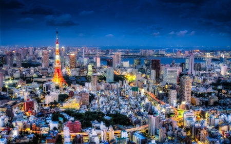 panorama of tokyo at dusk hdr - panorama, city, hdr, tower, dusk, skyscrapers, lights