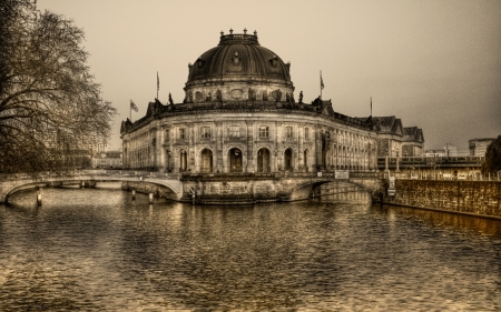 bode museum in berlin in monochrome hdr - museum, building, river, monochrome, bridge, hdr