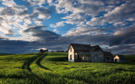 abandoned farmhouse in green fields - fields, sky, farm, clouds, green, abandoned