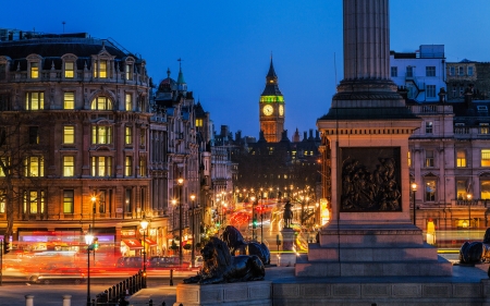 trafalgar square in london at night - square, statue, night, city, streets, monument, lights