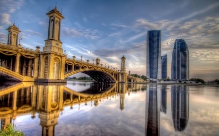 bridge in kuala lampur hdr - river, hdr, skyscrapers, city, reflection, bridge