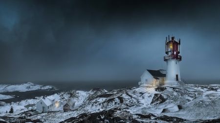 lighthouse on rocky a point in winter - clouds, winter, point, lighthouse, hdr, sea, home, rocks