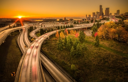 highways into seattle at sunset - trees, highways, city, sunset, lights, skyscrapers