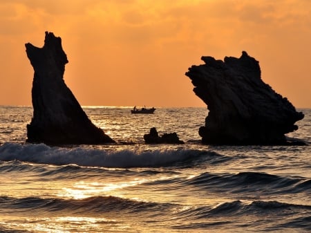 Sunset Through The Cliffs - nature, cliff, fisherman, sunset, sea, boat, waves