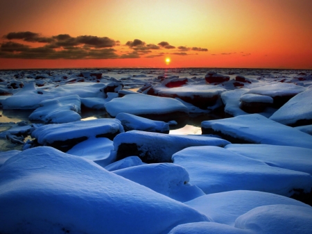 Horizon Sunset - horizon, winter, sunset, nature, snow, ice floes, ocean