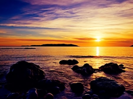 Coastal Sunset - clouds, stone, shore, sunset, nature, coast, sky