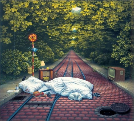 WAITING FOR A TRAM - art, TRAM, Jacek Yerka, WAITING FOR A TRAM