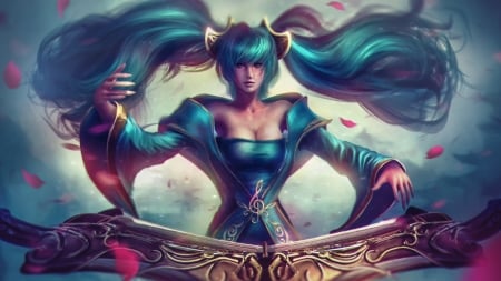 Sona - game, league of legends, blue, girl, pink, sona, fantasy, woman, art, luminos