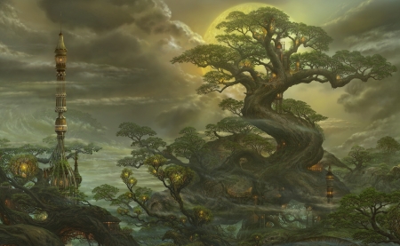 Fantasy world - fantasy, world, green, uchio kazumasa, art, tree, luminos