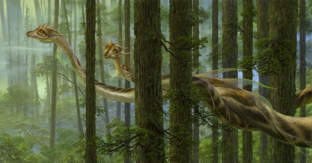 Forest dragons - fantasy, wood, trio, art, uchio kazumasa, forest, luminos, green, family, dragon, tree