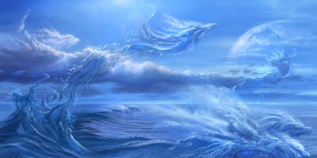 Water dragons - water, spirit, blue, sea, uchio kazumasa, fantasy, white, dragon, cloud, wave, luminos, sky