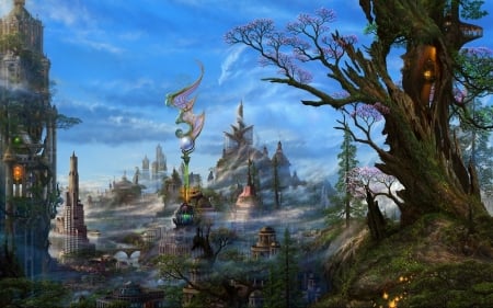 Fantasy world - fantasy, world, blue, uchio kazumasa, tree, castle, luminos