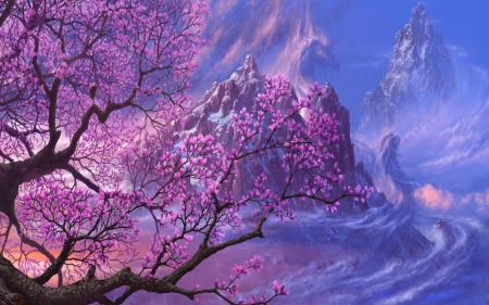 Spring - fantasy, sakura, blue, uchio kazumasa, art, pink, tree, luminos