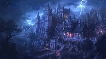 Castle - storm, blue, night, uchio kazumasa, pink, fantasy, halloween, art, luminos