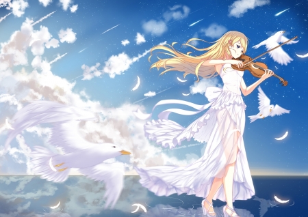 Miyazono Kawori - sky, vara, kal, summer, instrument, seagull, wind, bird, white, cloud, blue, anime, violin, miyazono kawori, manga