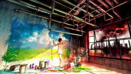 Landscape - painter, manga, anime, window, girl, landscape, art, wenqinq yan