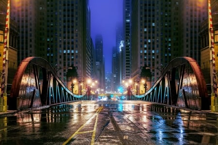 rainy chicago bridge hdr - street, rain, night, city, hdr, bridge, lights