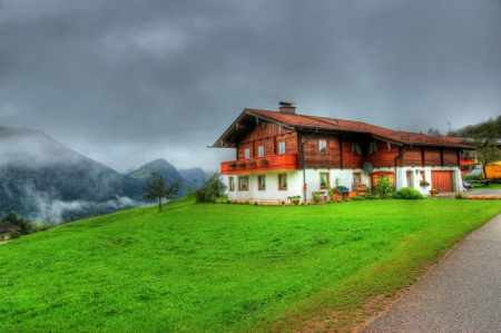 house in the mountains of germany hdr - clouds, house, wood, mist, hdr, grass, mountain