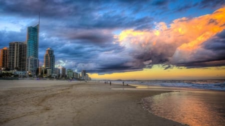 beautiful gold coast beach hdr - clouds, people, beach, hdr, sea, city, sky