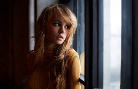 Anastasia Shcheglova   Lost in my own world - looking away, orange sweater, portrait, redhair, sitting by window