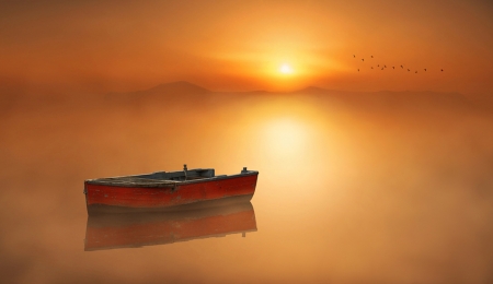 Beautiful - hills, birds, fog, boat, landscape, sea, sunset, nature, lived, sun