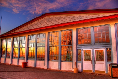 sunset reflected on glass windows hdr