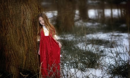 Little Girl - children, tree, girl, dress, snow