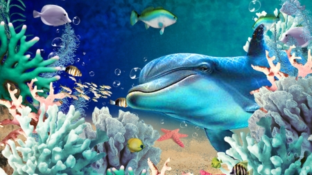 Delightful Dolphin - dolphins, happy, water, coral, firefox persona theme, ocean, sand, plants, fun, fish, sea