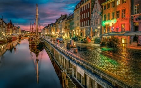 evening on a beautiful amsterdam canal hdr - street, boats, shops, evening, dock, city, canal, hdr