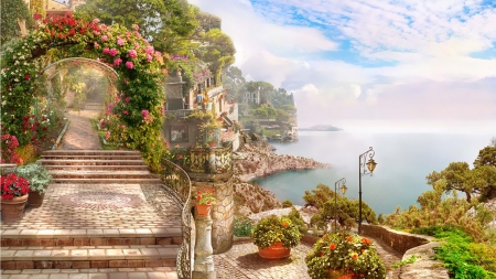 Beachfront Property - flowers, France, Italy, garden, sea, terrace, overlook