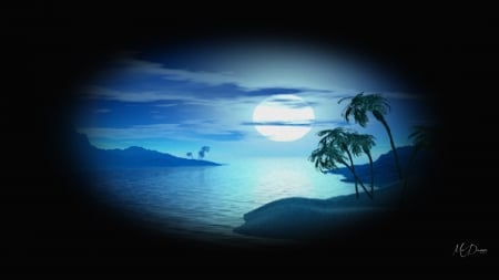 Paradise - collage, night, blue, sky, clouds, island, moon, trees, sea