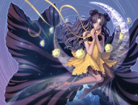 Luna - black, beauty, anime, girl, frumusete, luna, blue, manga, eclosion, sailor moon, moon