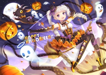 Happy Halloween! - purple, saban, halloween, anime, girl, pumpkin, manga, white, witch, ghost, orange