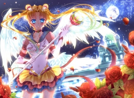 Sailor Moon - moon, anime, yellow, blue, girl, angel, flower, sailor moon, manga, white, red, wings, rose, touki matsuri, luna, tsukino usagi