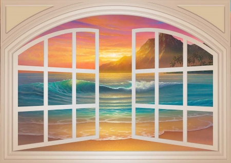 GOLDEN SUNSET - SUNSET, MOUNTAINS, GOLDEN, SKY, WINDOW, OCEAN