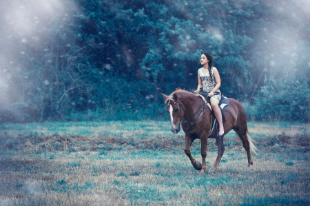 Girl and horse - style, girls, horse, western, women, model, models, ranch, girl, blue, horses, fun, female, trees, woman