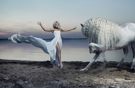 Beautiful dancers - woman, beach, vara, dance, girl, summer, model, white, horse, animal, sea, blonde