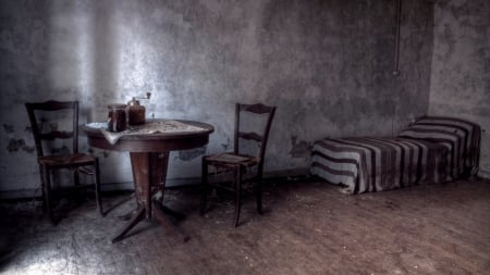 dirty sparse room hdr - bed, gray, hdr, room, table, dirty, chairs