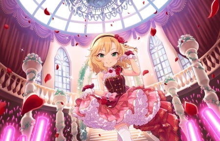 Red Rose - roses, hot, anime girl, elegant, petals, ore, lady, sexy, adorable, beautiful, sweet, blush, dress, happy, nice, beauty, female, blond, gorgeous, pretty, anime, amour, red roses, maiden, girl, lovely, hd, kawaii, red, blossom, smile, blonde, adore