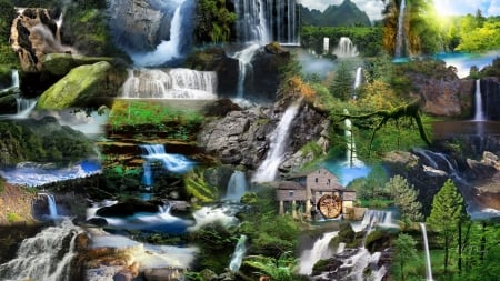 Waterfall Collage - collage, waterfalls, nature, foliage