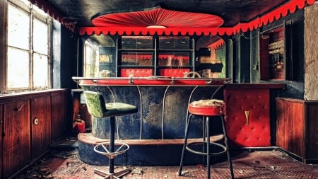 abandoned decrepit red bar hdr - hdr, room, dirty, chairs, abandoned, bar