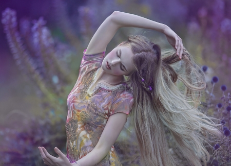 Summer dance - summer, girl, blonde, lilac, flower, purple, hand, woman, model, agnieszka lorek