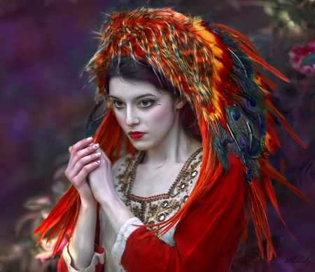 I wish... - hat, native, indian, girl, feather, orange, peacock, hand, red, woman, model, agnieszka lorek, i wish