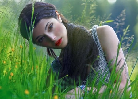 Beauty - summer, girl, beauty, grass, lips, red, green, woman, model, agnieszka lorek