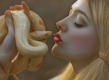 Kissing temptation - serpent, yellow, snake, girl, blonde, lips, red, woman, model, agnieszka lorek, kiss, face, temptation