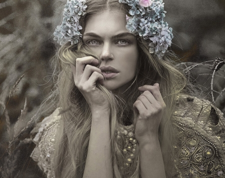 Nimph - woman, agnieszka lorek, girl, nimph, model, face, blue, hand, flower