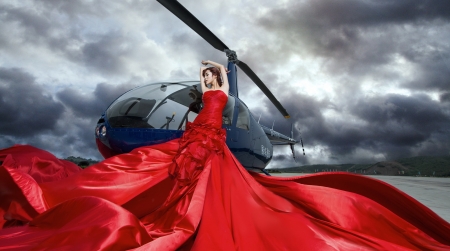 Beauty - helicopter, girl, dres, red, woman, model, cloud, asian, sky